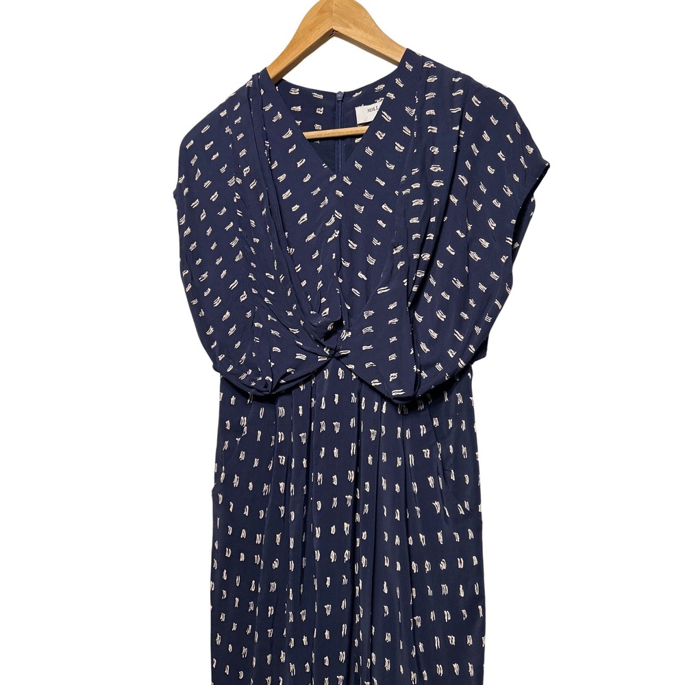 MM.LaFleur Navy Blue White Dash Print Twist Front Midi Dress SIZE 2 EUC‎